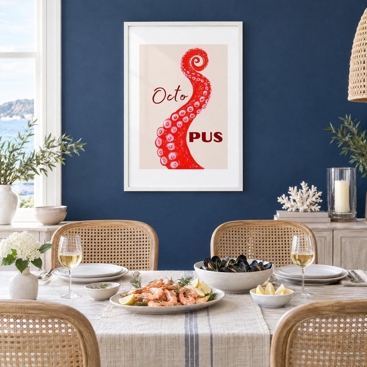 Octo PUS red gouache octopus tentacle print in a white frame on a navy wall above a dining table set with shrimp and mussels