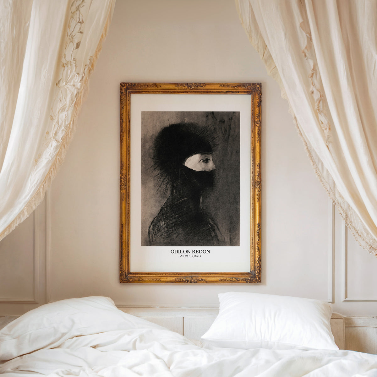Odilon Redon drawing shown in an ornate gold frame above a canopy bed