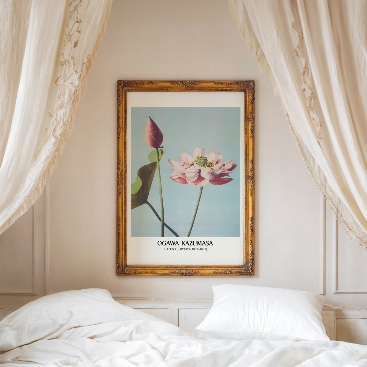 Lotus Flowers print shown in an ornate gold frame above a canopy bed