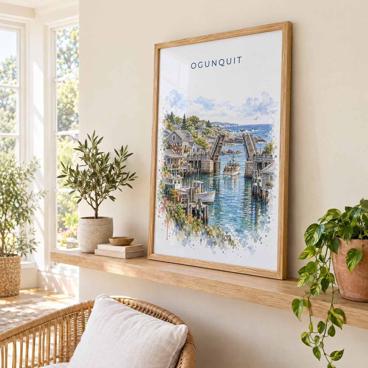 Ogunquit watercolor print in an oak frame on a picture ledge in a sunlit sunroom