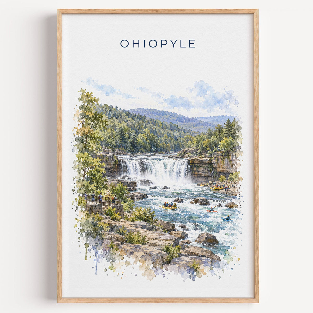 Ohiopyle State Park watercolor print in a light oak frame on a plain white wall