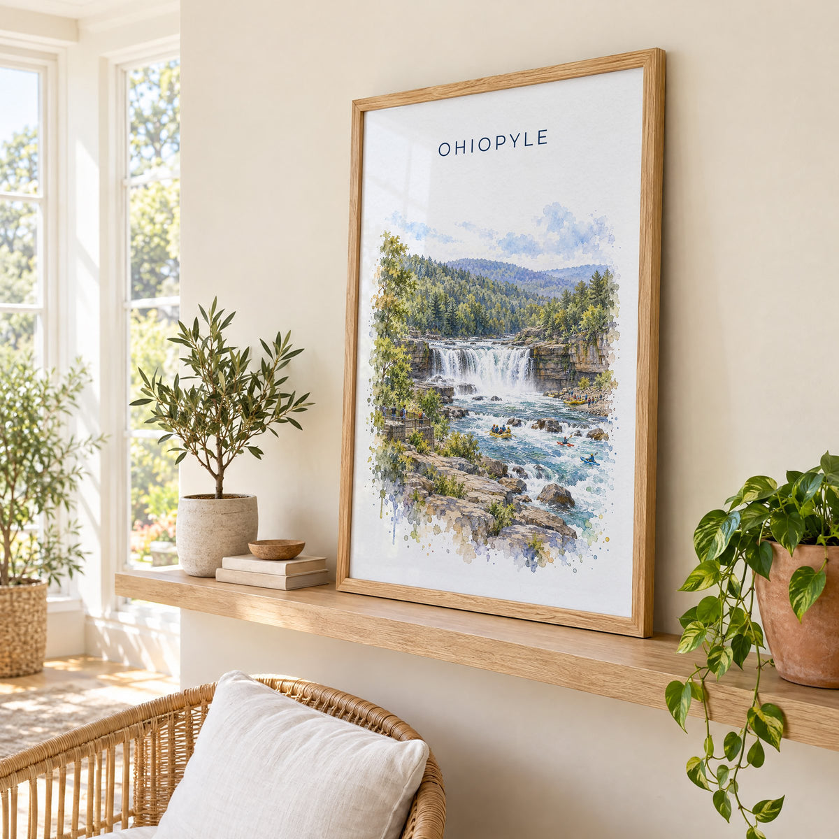 Ohiopyle State Park watercolor print in an oak frame on a picture ledge in a sunlit sunroom
