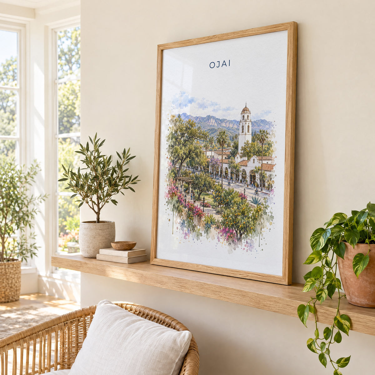 Ojai, California watercolor print in an oak frame on a picture ledge in a sunlit sunroom