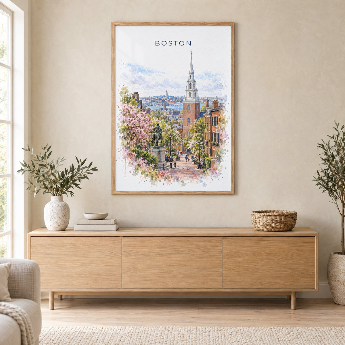 Old North Church Boston watercolor print in an oak frame above a light wood sideboard in a Scandinavian living room