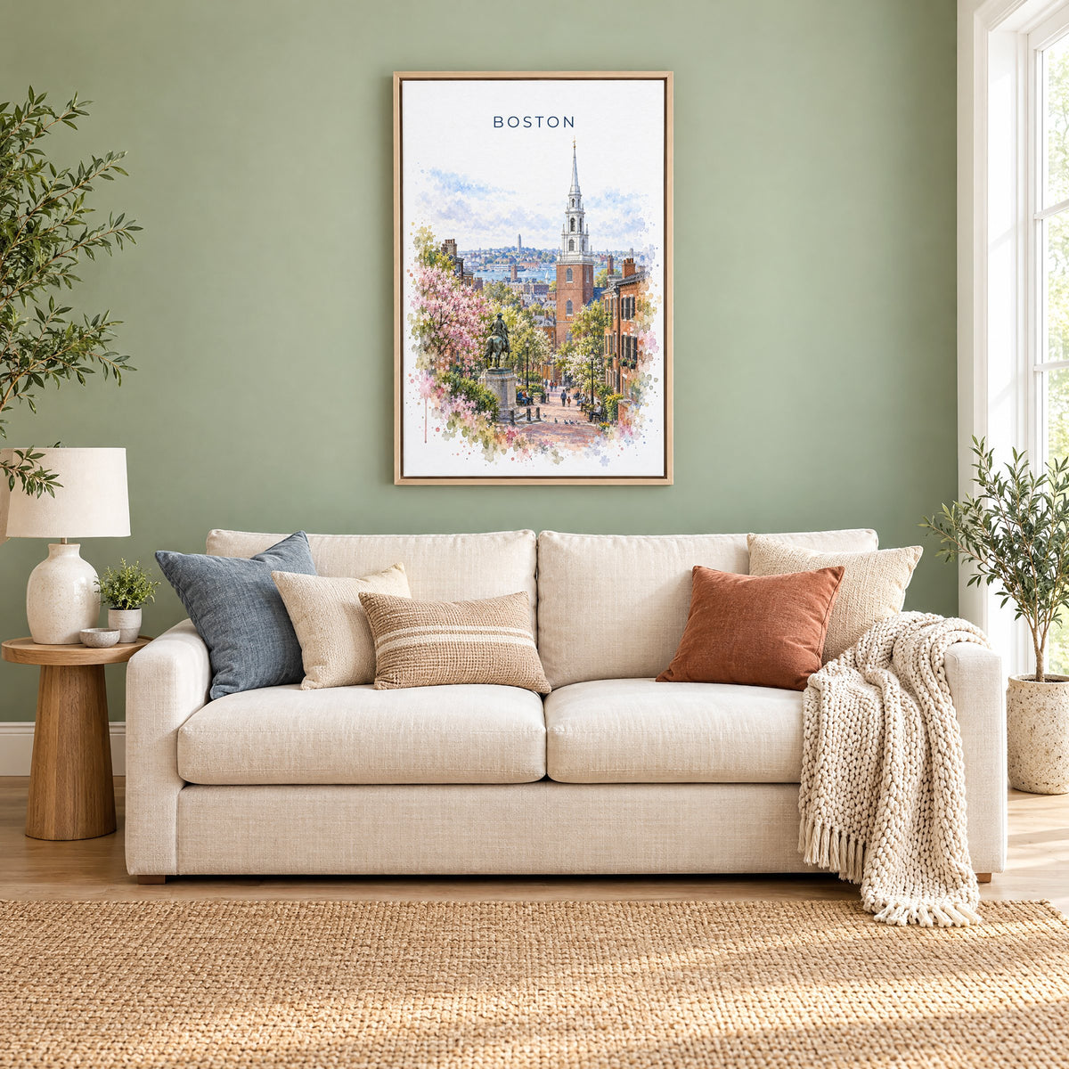Old North Church Boston watercolor print as a natural floater canvas above a cream linen sofa on a sage green wall