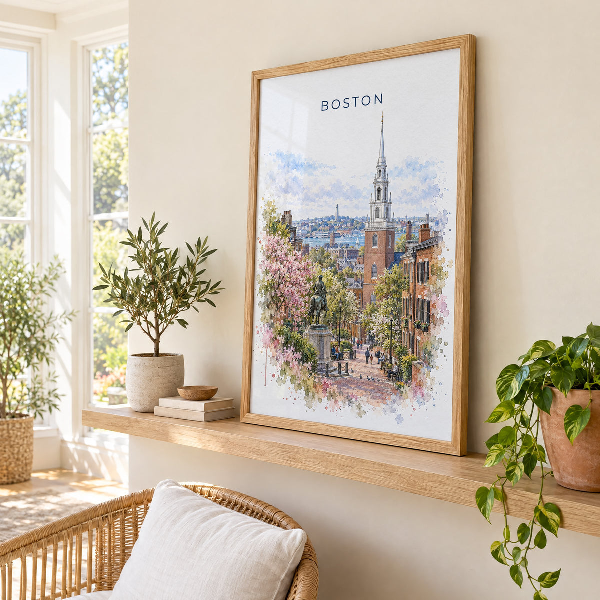Old North Church Boston watercolor print in an oak frame on a picture ledge in a sunlit sunroom