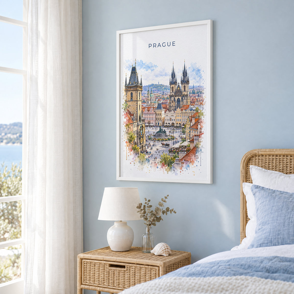Old Town Square Prague watercolor print in a white frame on a pale blue wall beside a rattan bed in a coastal bedroom