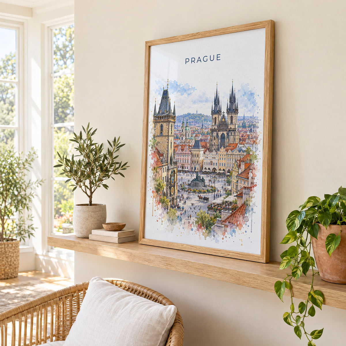 Old Town Square Prague watercolor print in an oak frame on a picture ledge in a sunlit sunroom