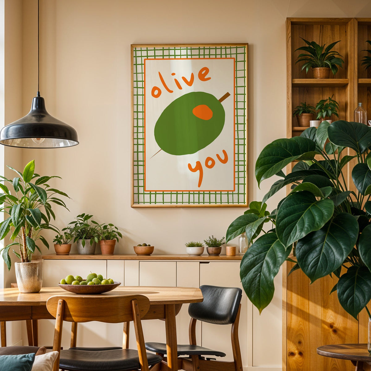 Olive you green olive print in an oak frame above a sideboard in a plant-filled dining room