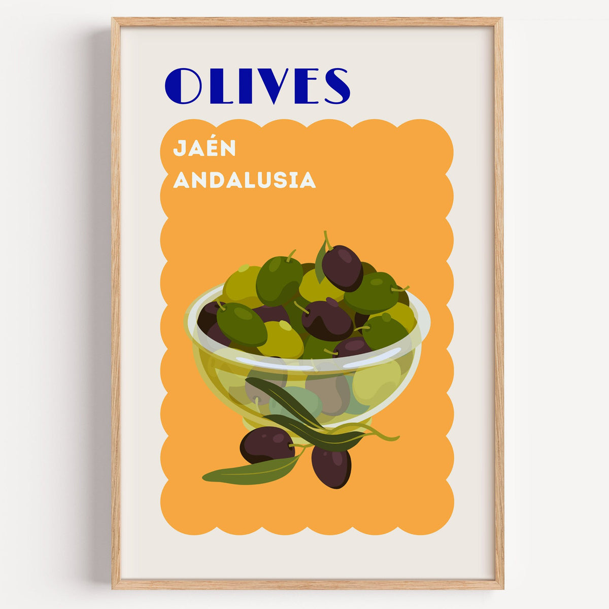 OLIVES Jaén Andalusia orange print in a light oak frame on a plain white wall
