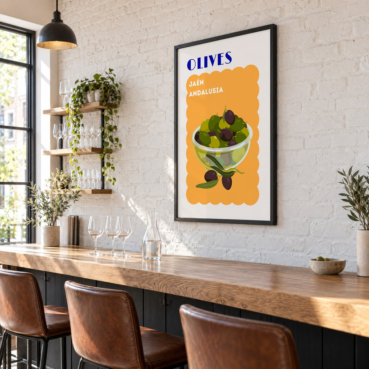 OLIVES Jaén Andalusia orange print in a black frame on a white brick wall above a wine bar counter