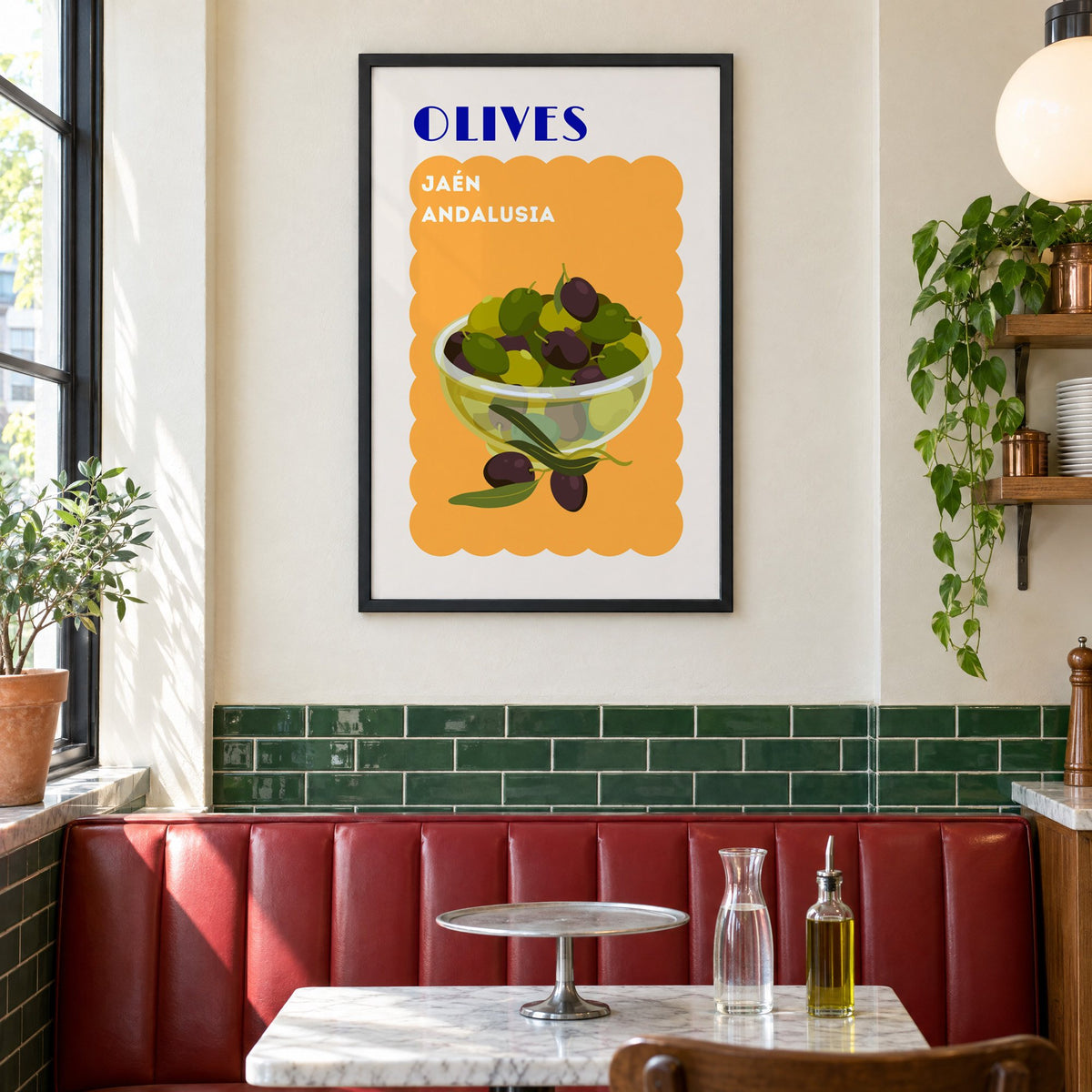 OLIVES Jaén Andalusia orange print in a black frame above a red leather booth in a sunny pizzeria