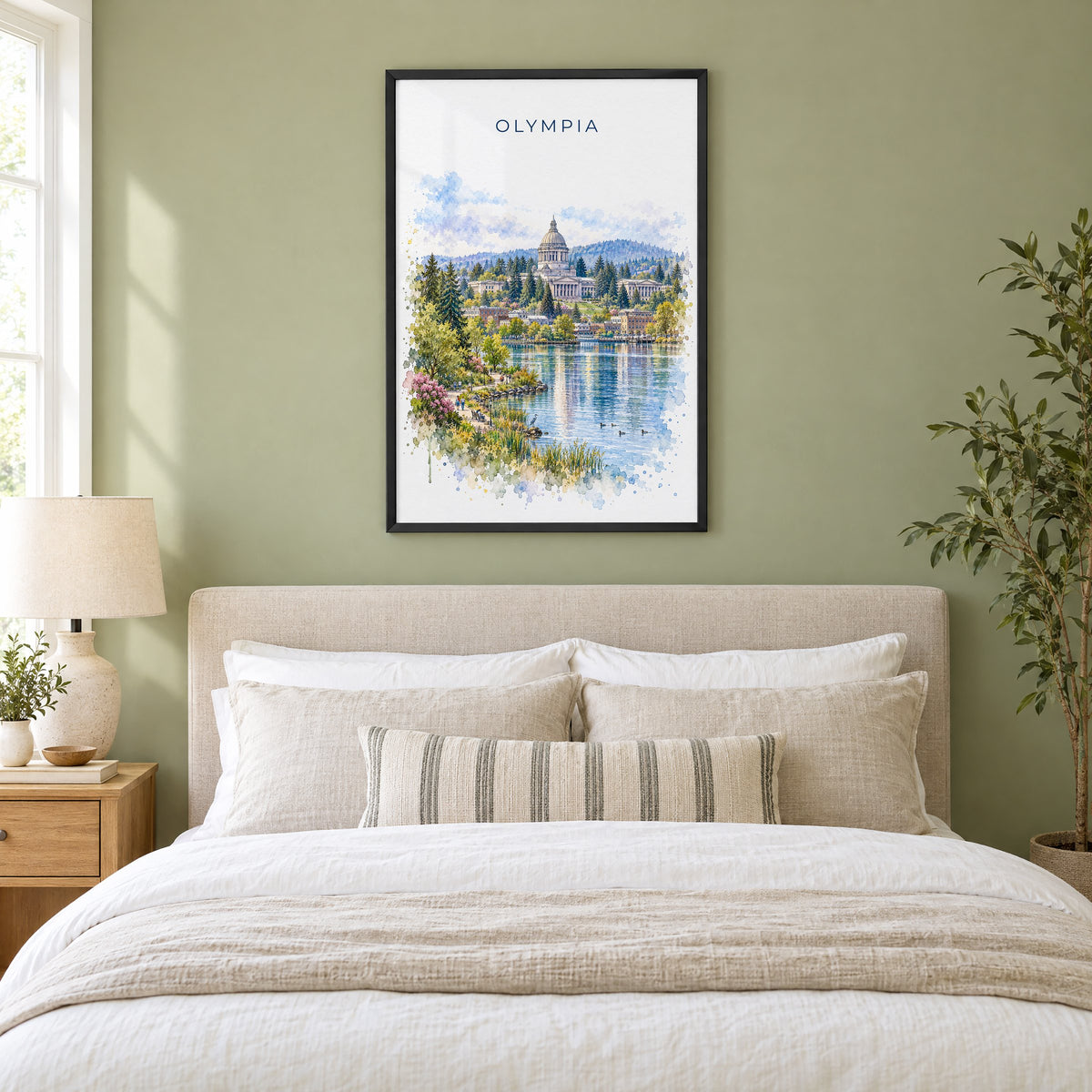 Olympia, Washington watercolor print in a black frame above an upholstered headboard in a sage green bedroom