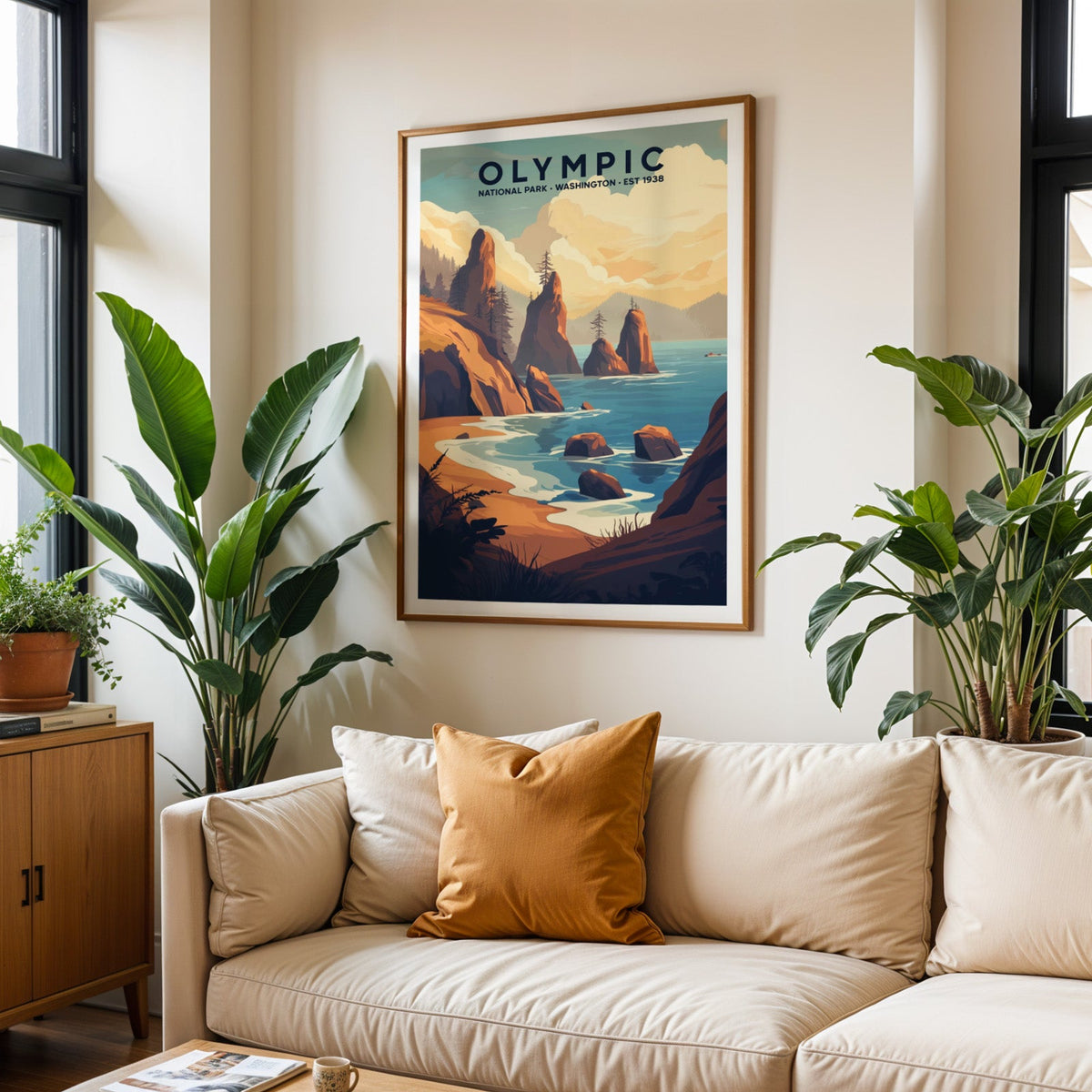 Olympic National Park print in an oak frame above a cream living room sofa with an ochre cushion