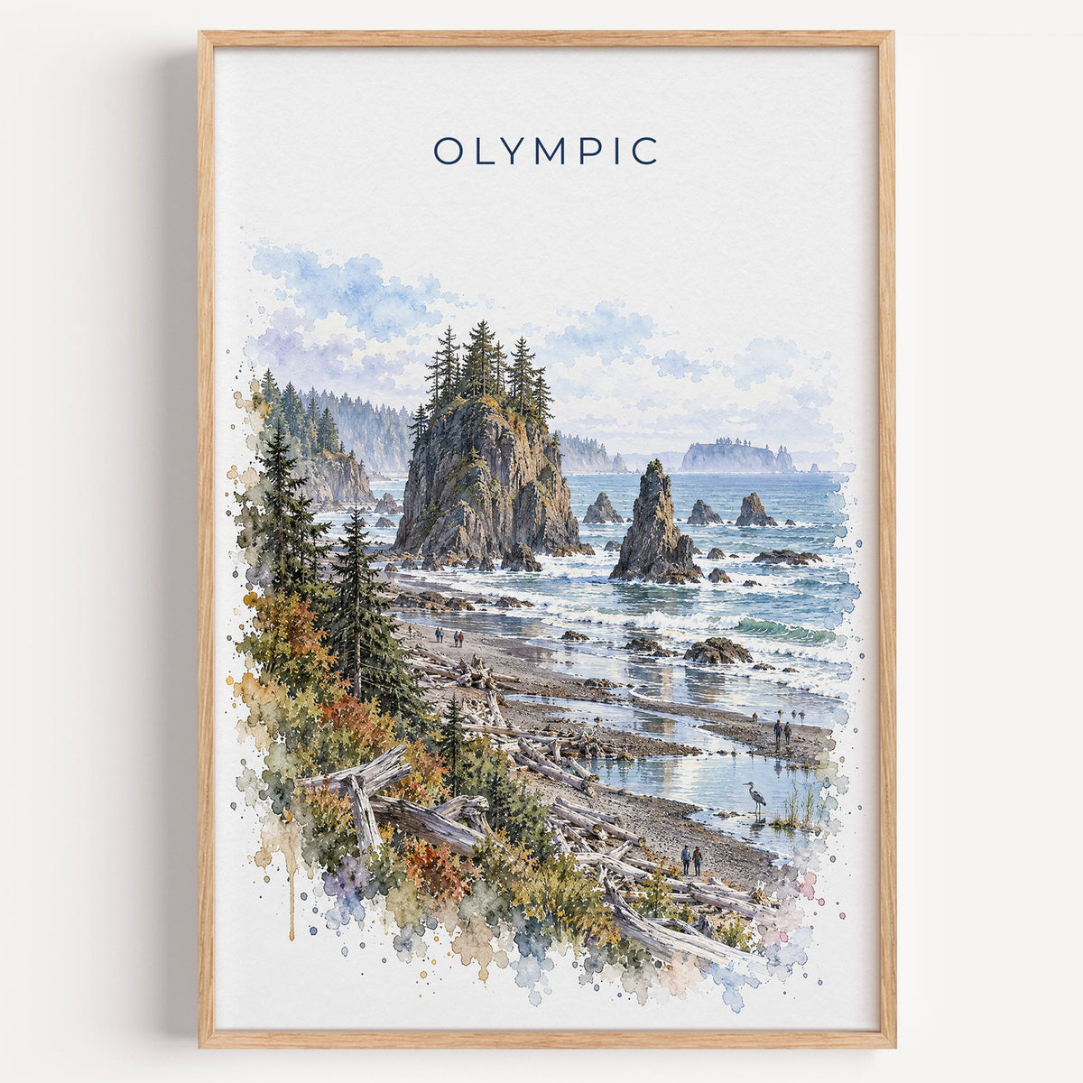 Olympic National Park watercolor print in a light oak frame on a plain white wall