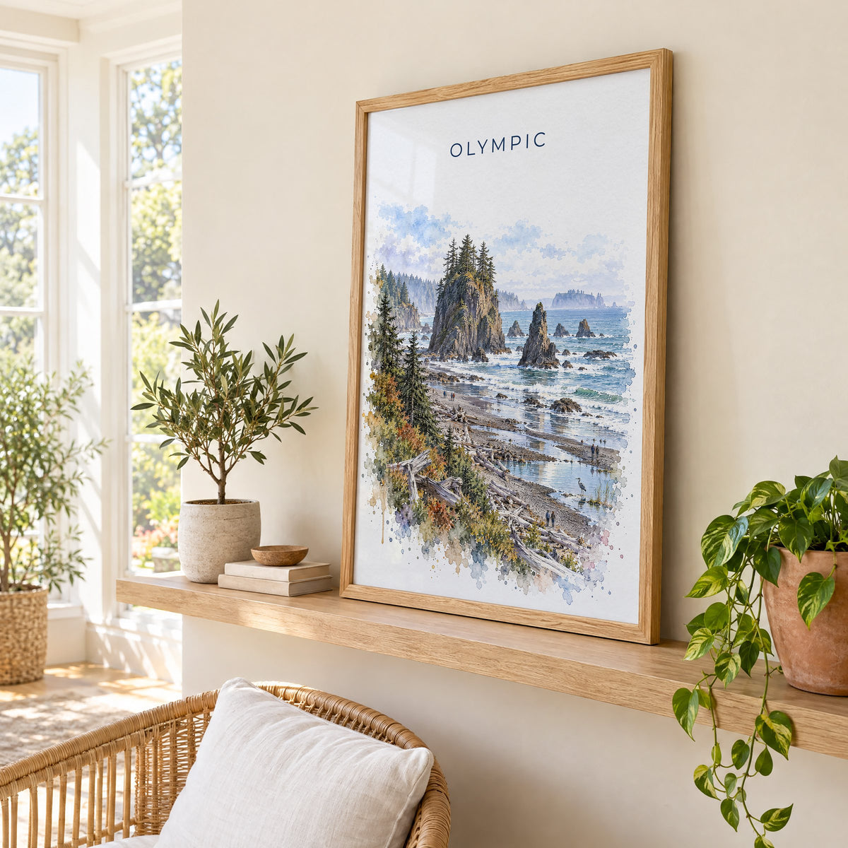 Olympic National Park watercolor print in an oak frame on a picture ledge in a sunlit sunroom