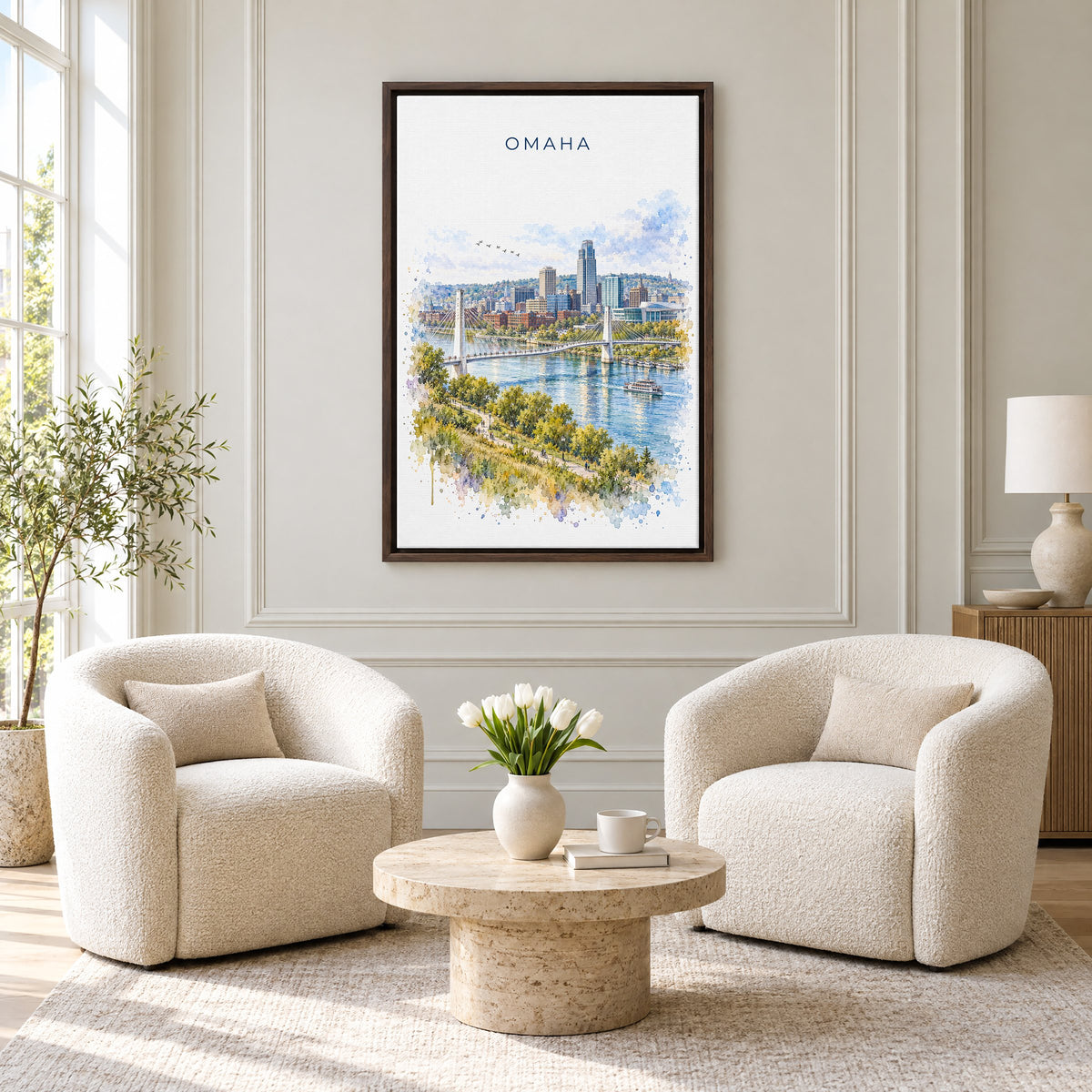Omaha watercolor print as an espresso floater canvas above two boucle armchairs in a hotel lounge