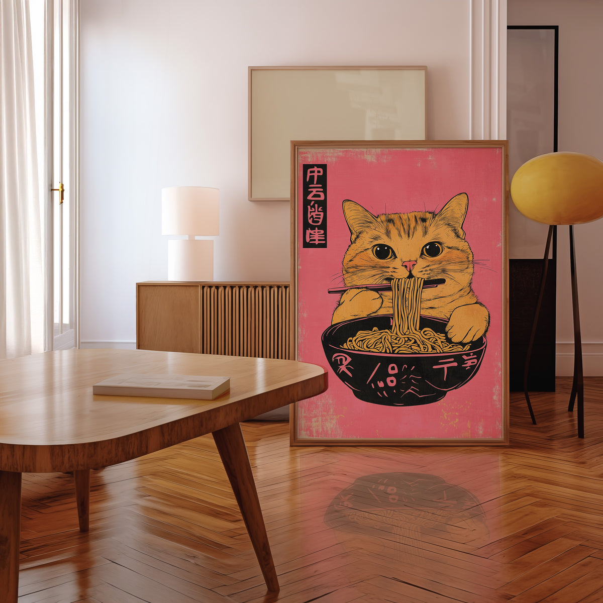 Orange tabby cat slurping ramen print in a walnut frame leaning in a mid-century living room