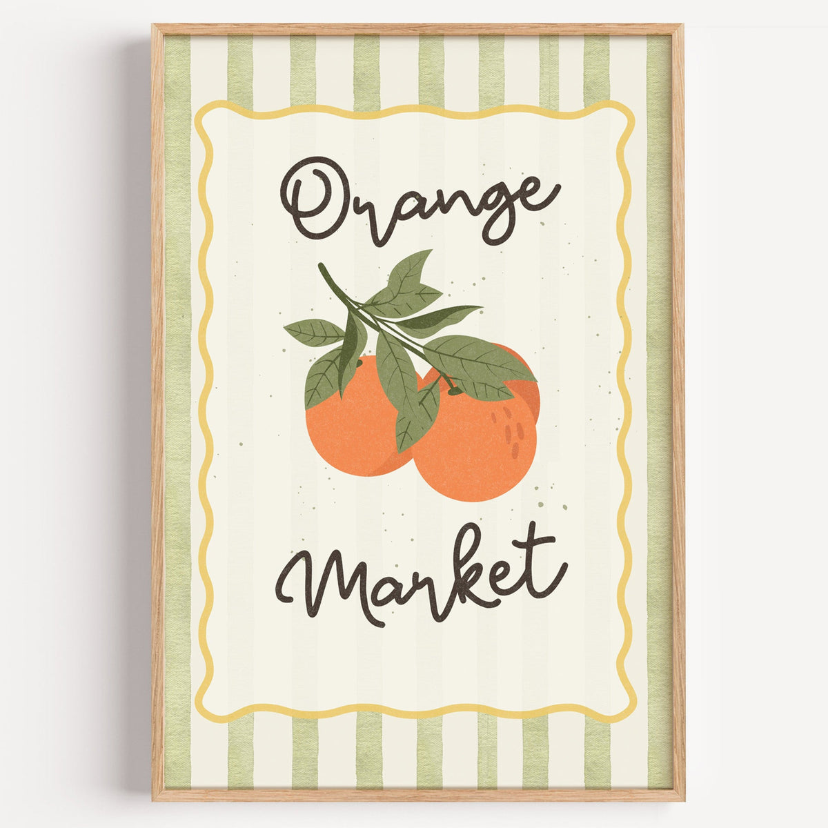 Orange Market green stripe print in a light oak frame on a plain white wall