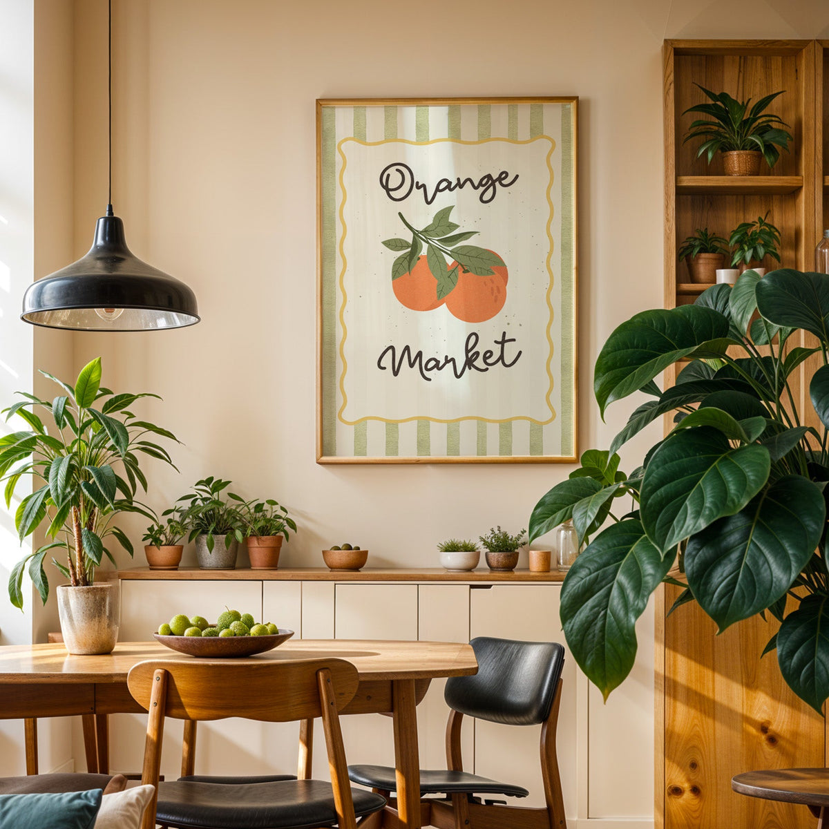 Orange Market print in an oak frame in a dining room above a plant-lined sideboard