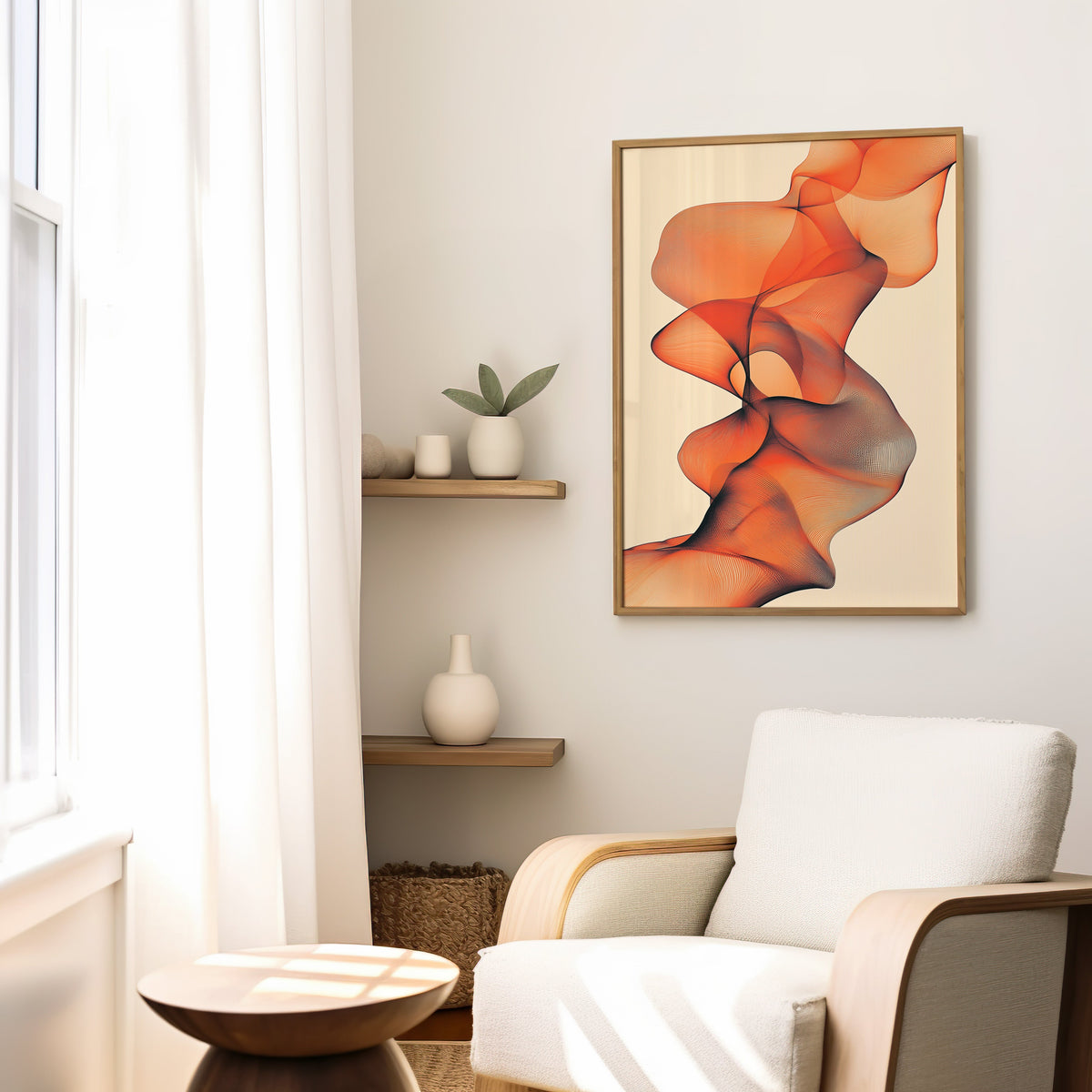 Orange mesh ribbon twist abstract print in a slim oak frame above a cream boucle armchair by floating shelves