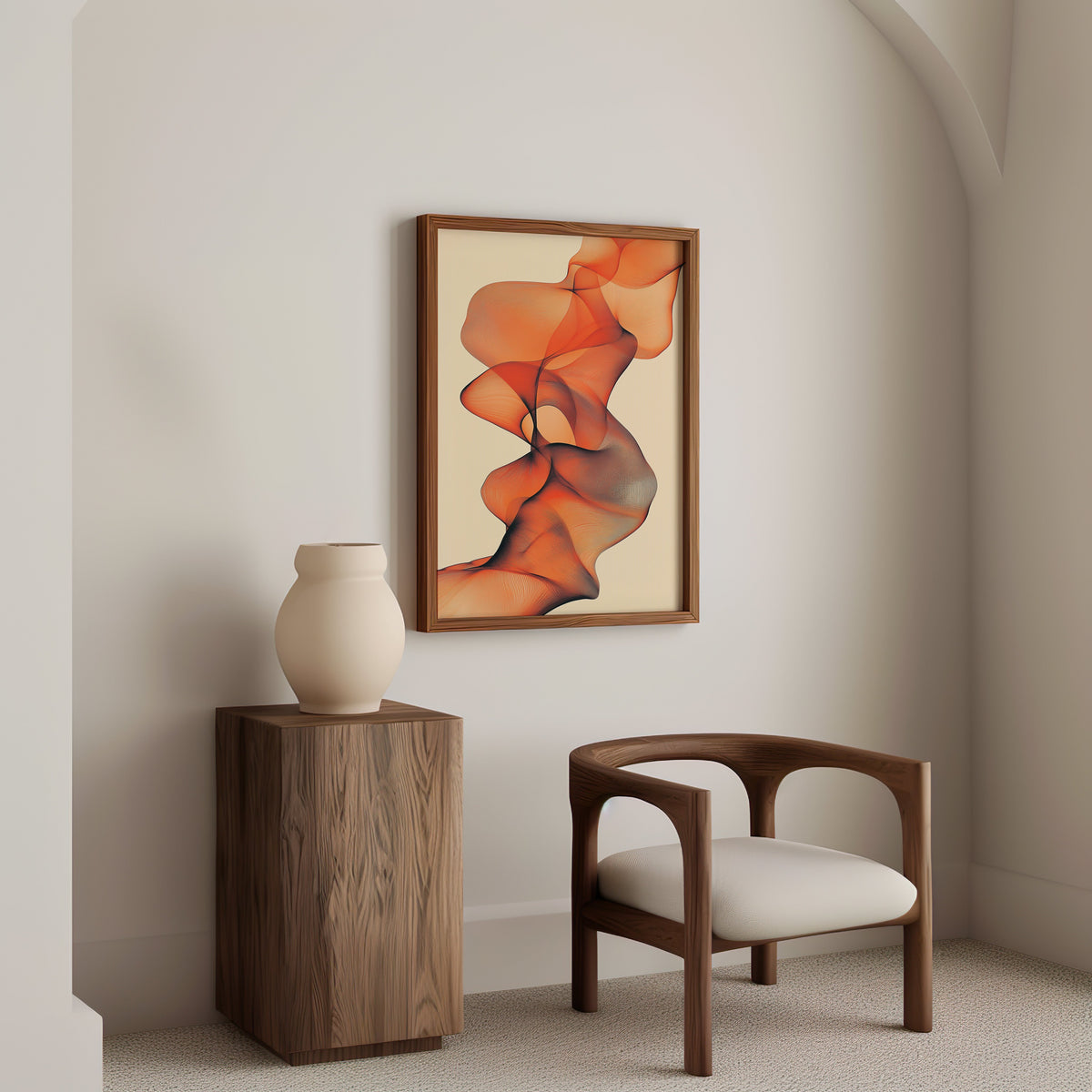 Orange mesh ribbon twist abstract print in a walnut frame above a wood pedestal and a curved walnut armchair