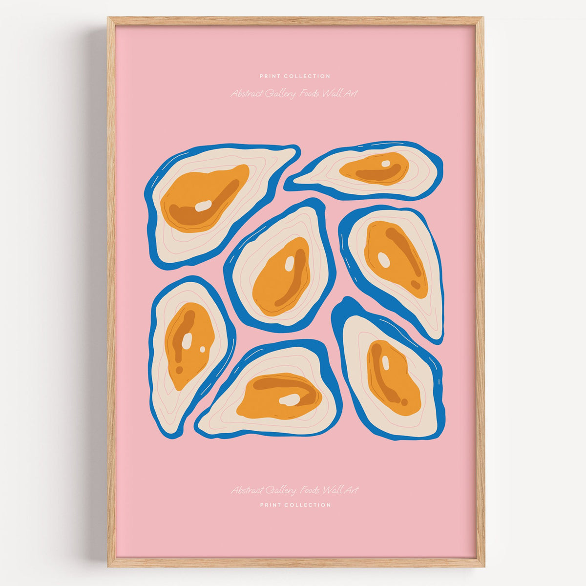 orange oysters blue shells pink print in a light oak frame on a plain white wall