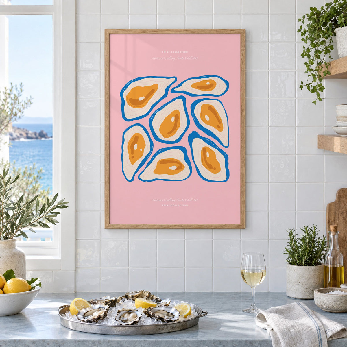orange oysters blue shells pink print in an oak frame on white tiles above a marble counter with oysters and lemons by a sea view