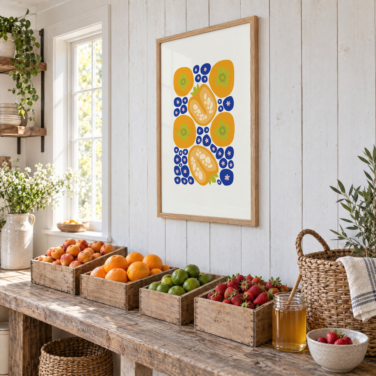 orange persimmons cobalt blueberries pattern print in an oak frame on white plank walls above wooden crates of fresh fruit, seen at an angle