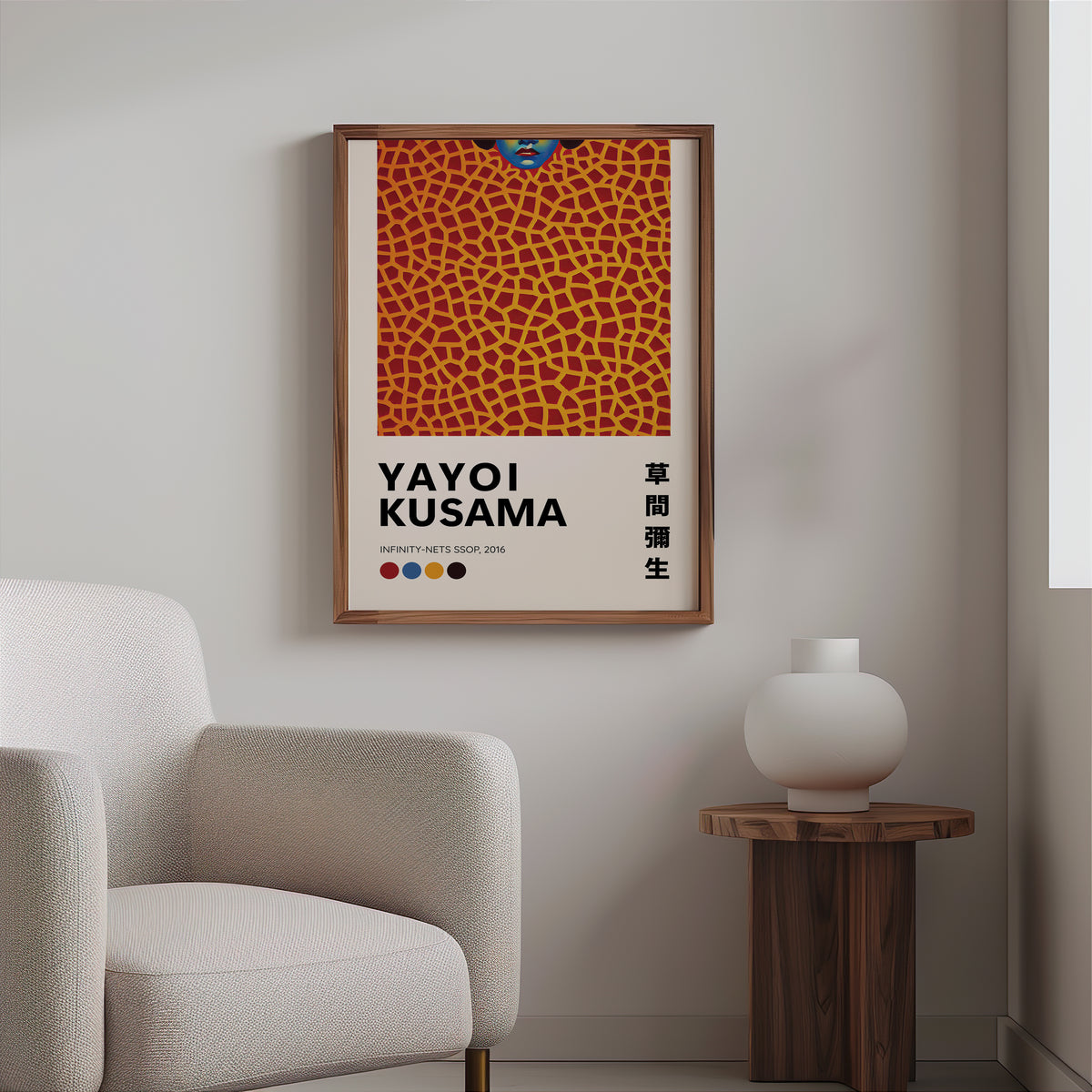 Yayoi Kusama inspired orange net and lips print above a cream boucle armchair
