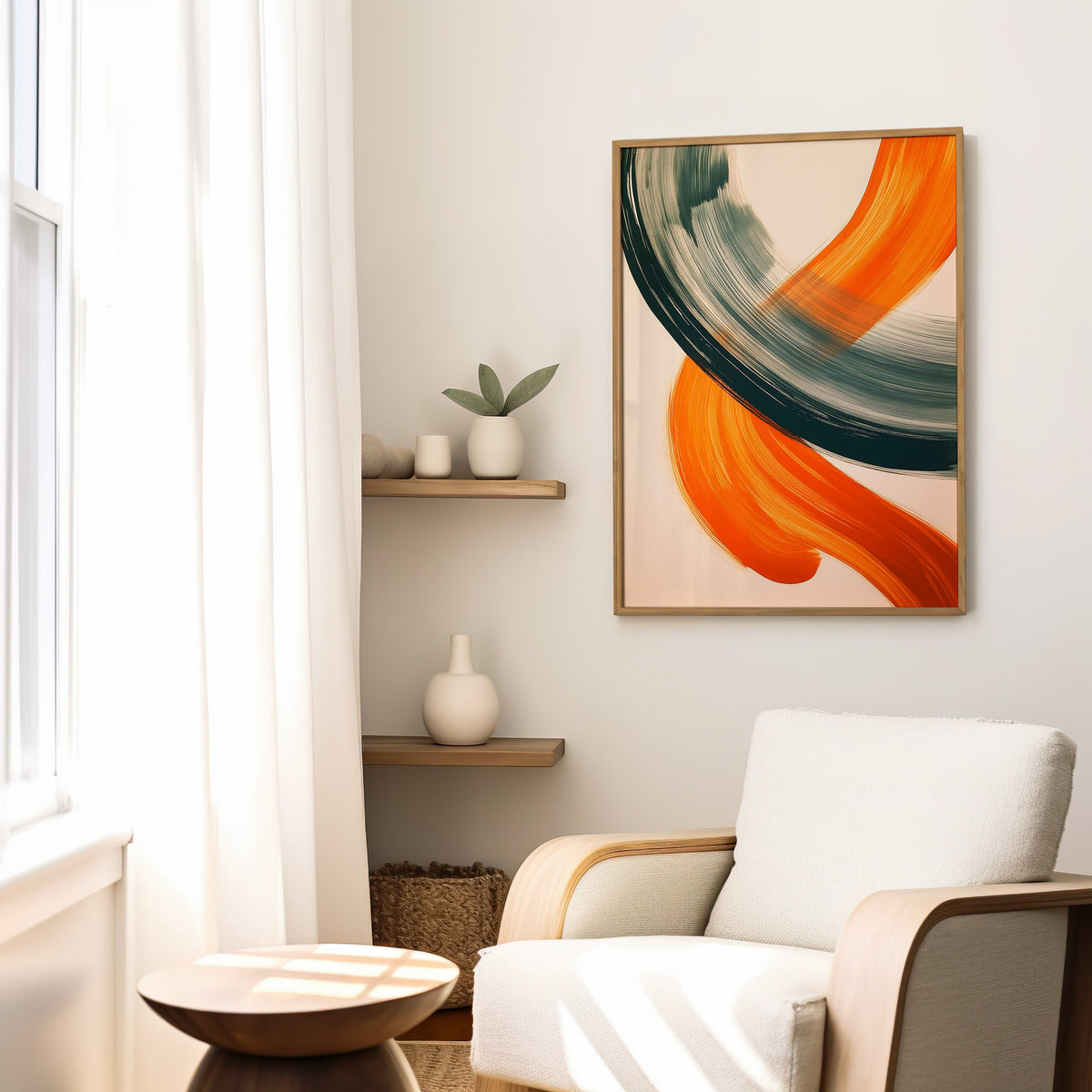 Orange and sage brushstroke arc abstract print in a slim oak frame above a cream boucle armchair by floating shelves