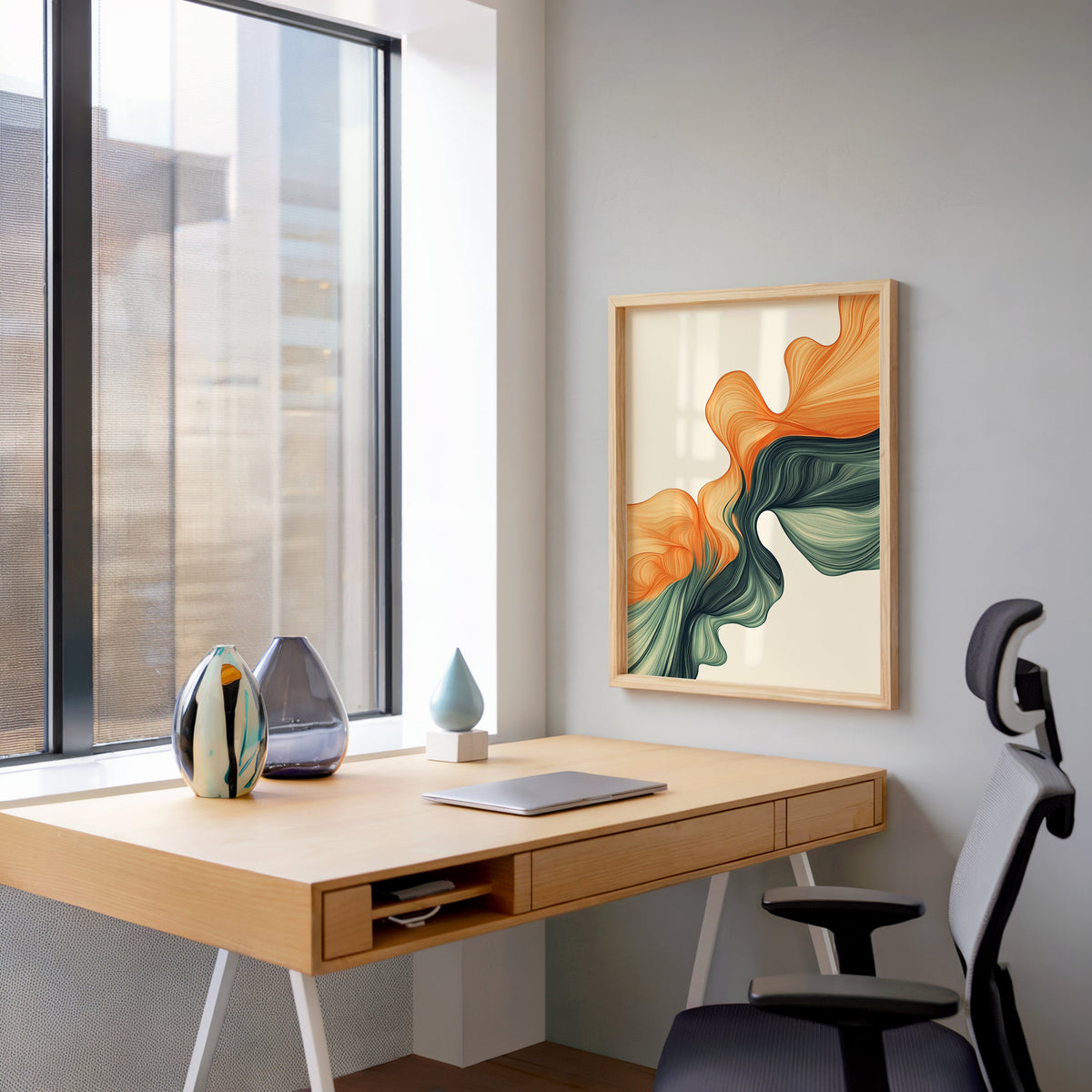 Orange and sage flowing wave fluid abstract print in a pale wood frame above a home office desk by a tall window