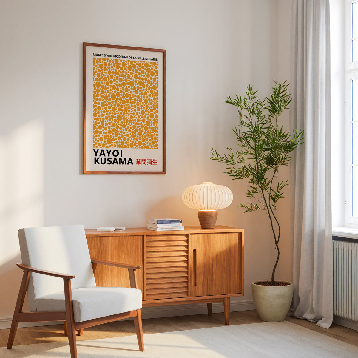 Yayoi Kusama inspired orange polka dot pattern print above a mid-century sideboard
