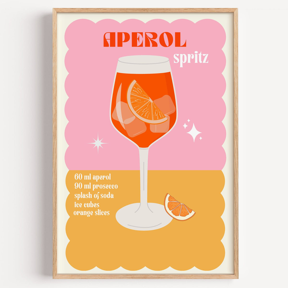 Orange spritz scalloped pink print in a light oak frame on a plain white wall