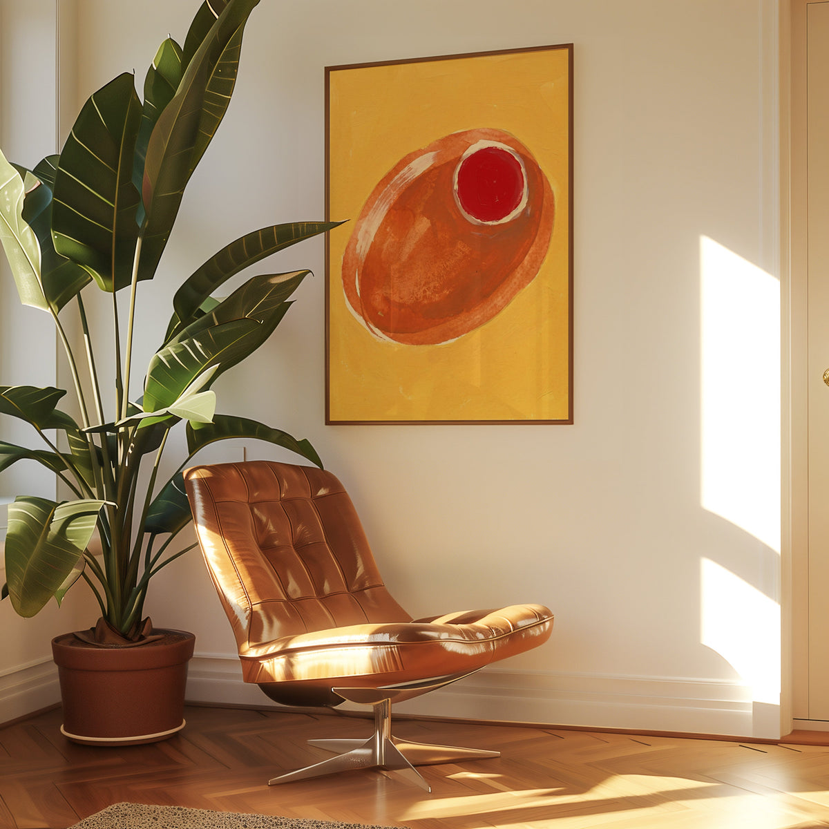 Cocktail olive print in a slim walnut frame above a tan leather lounge chair