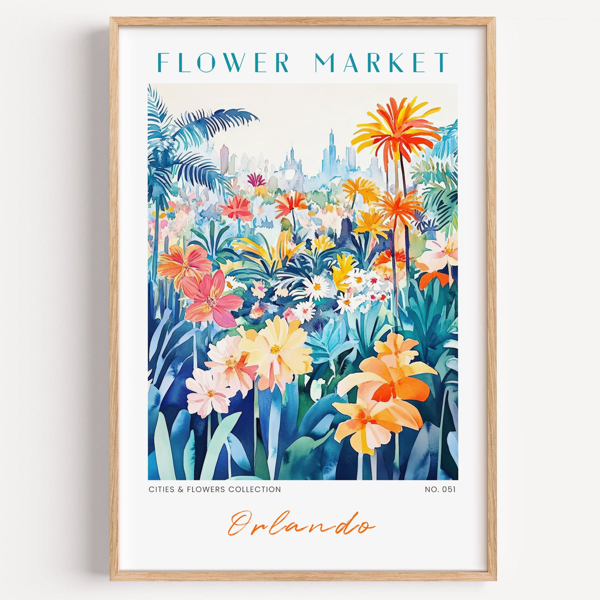 Orlando flower market print in a light oak frame on a plain white wall