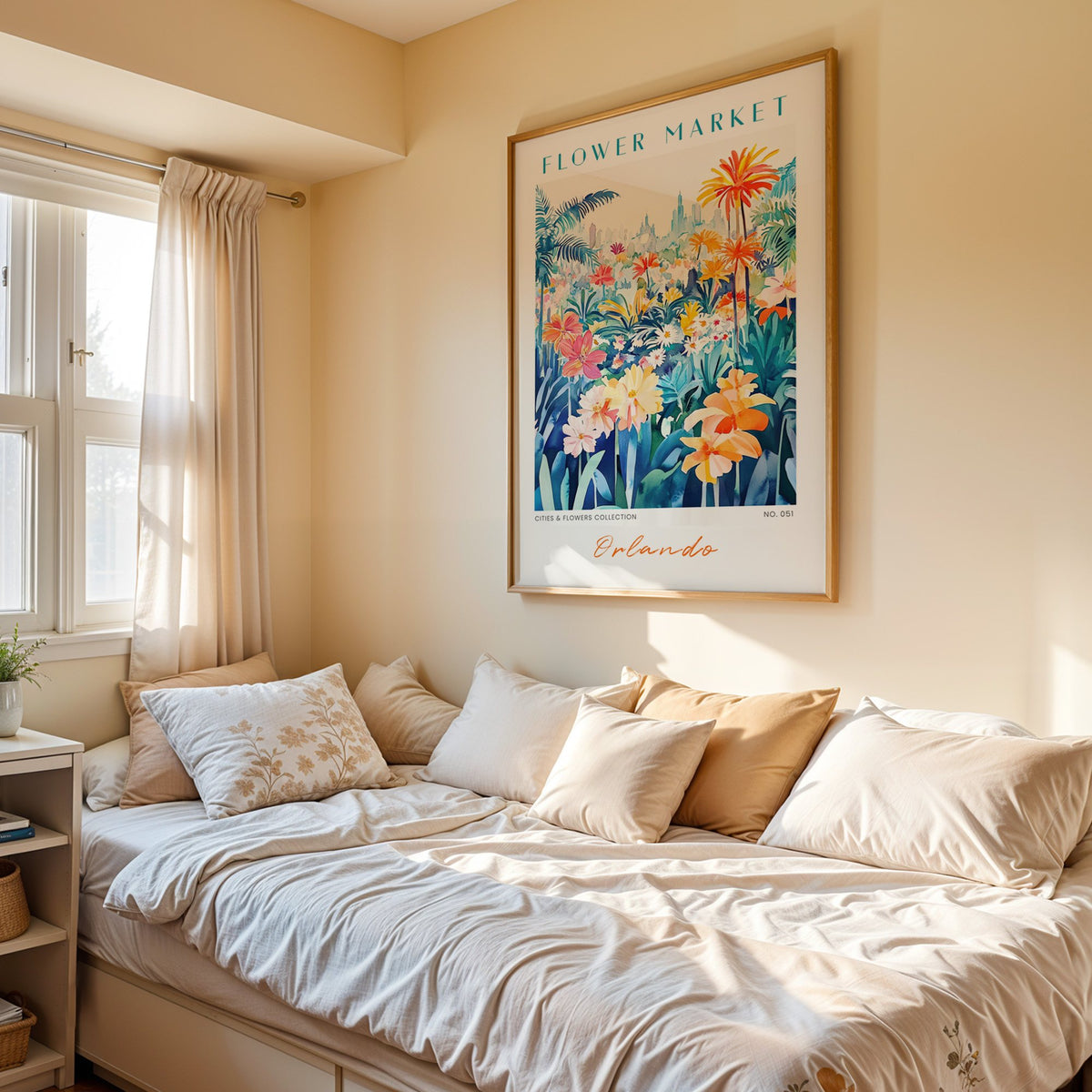 Orlando flower market print in an oak frame above a cream daybed in a sunny bedroom