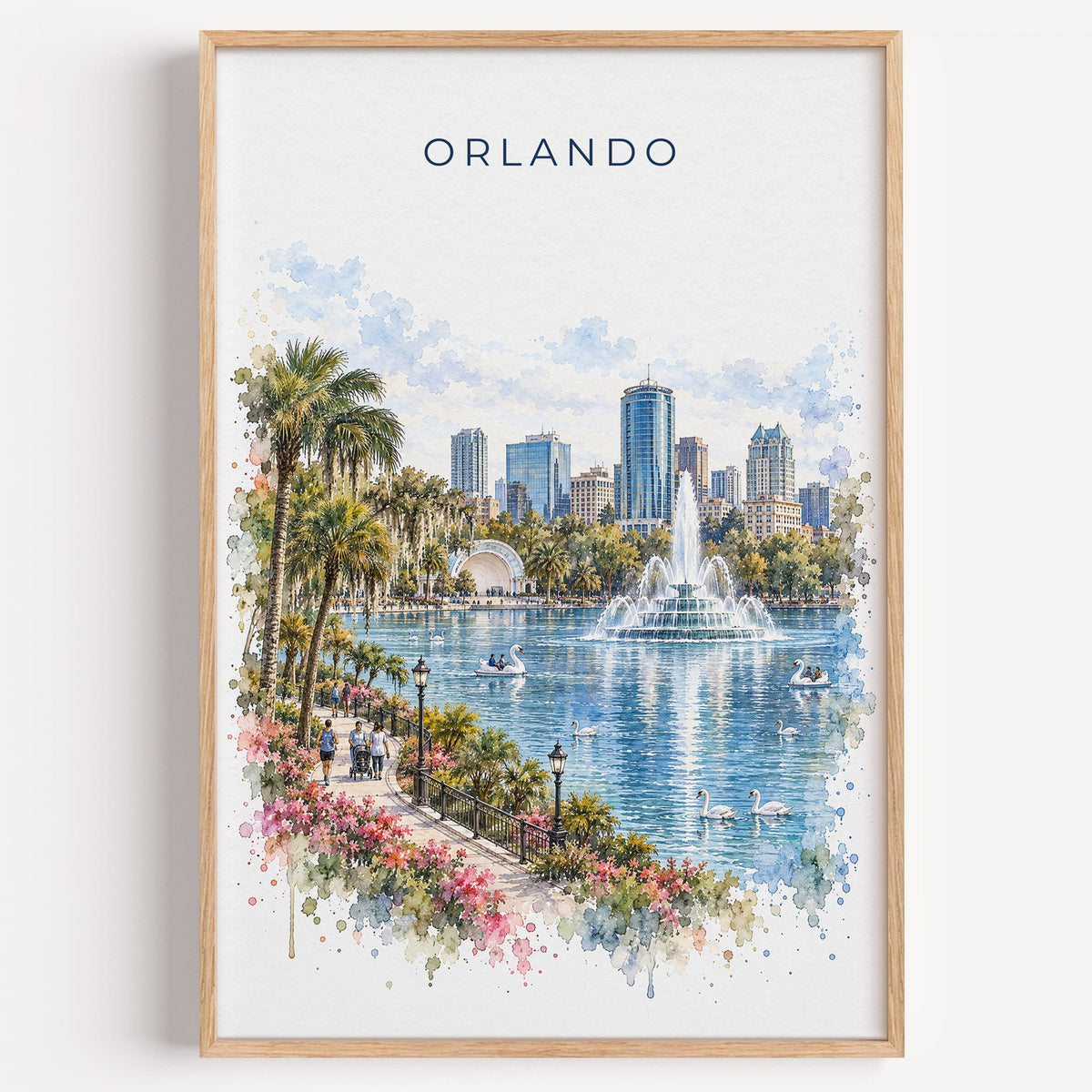 Orlando watercolor print in a light oak frame on a plain white wall