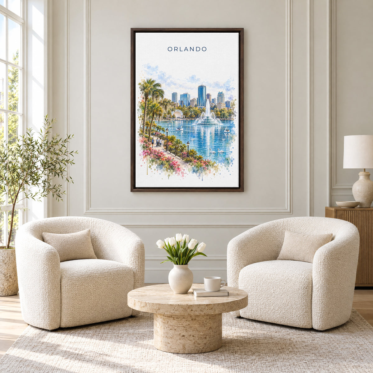 Orlando watercolor print as an espresso floater canvas above two boucle armchairs in a hotel lounge