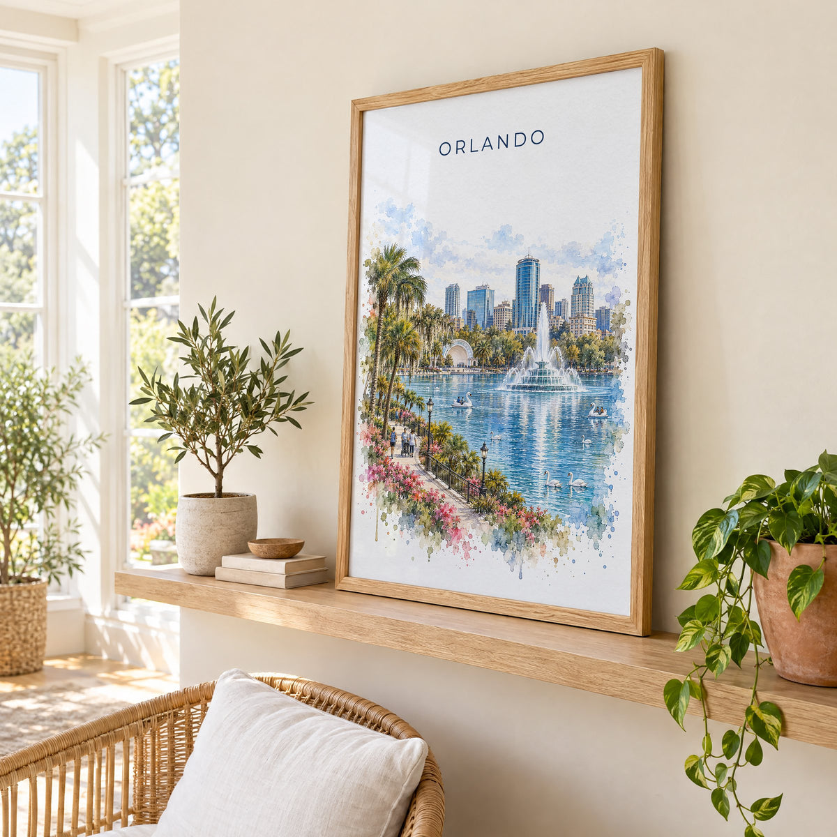 Orlando watercolor print in an oak frame on a picture ledge in a sunlit sunroom