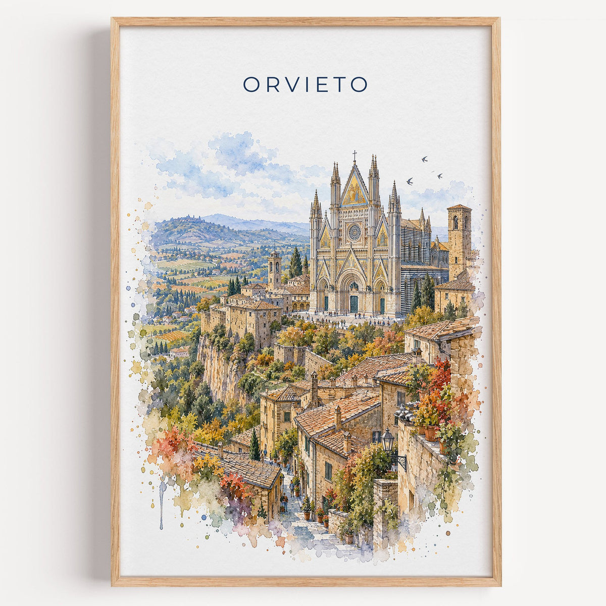 Orvieto watercolor print in a light oak frame on a plain white wall