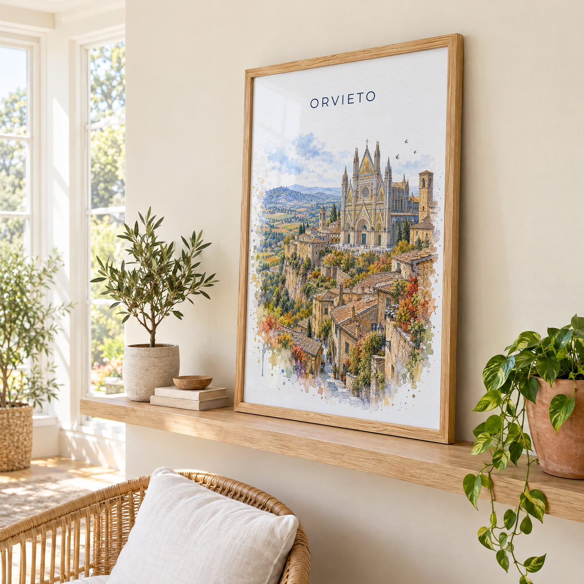 Orvieto watercolor print in an oak frame on a picture ledge in a sunlit sunroom