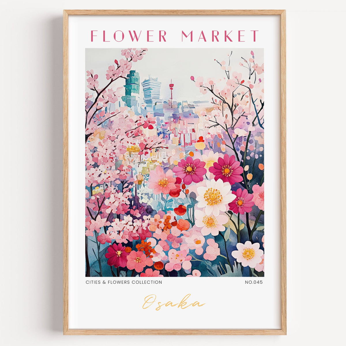 Osaka flower market print in a light oak frame on a plain white wall