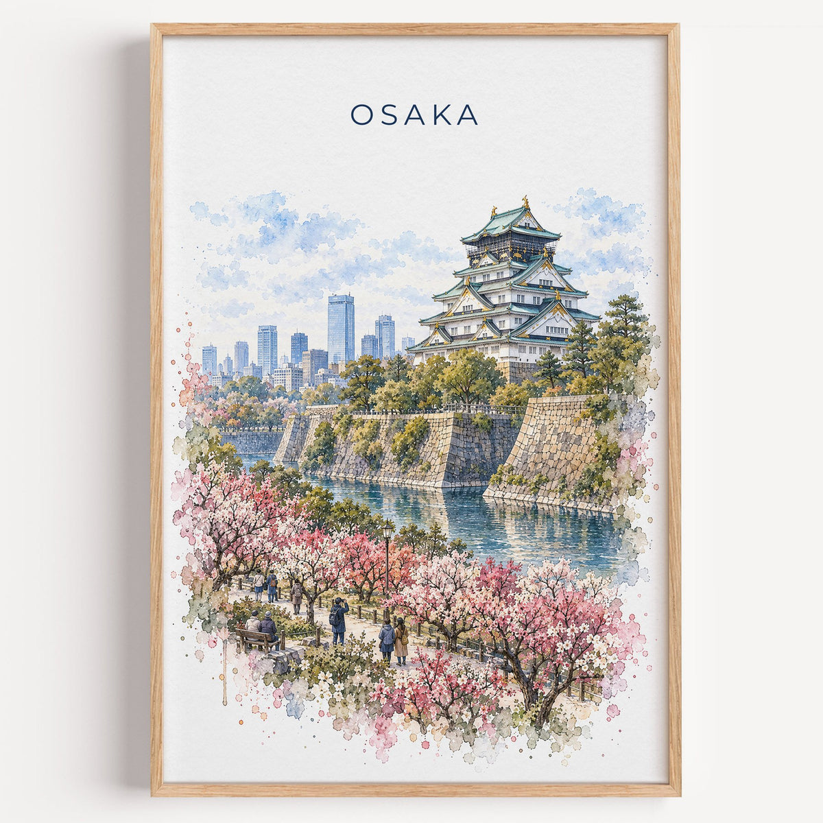 Osaka watercolor print in a light oak frame on a plain white wall