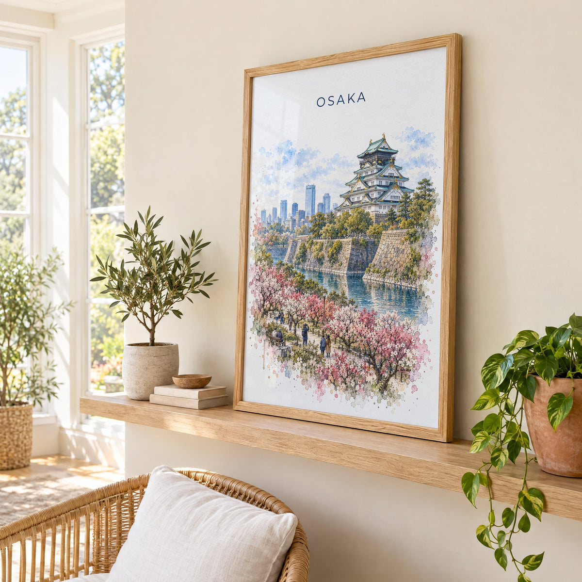 Osaka watercolor print in an oak frame on a picture ledge in a sunlit sunroom