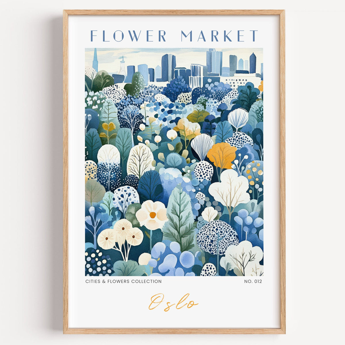 Oslo flower market print in a light oak frame on a plain white wall