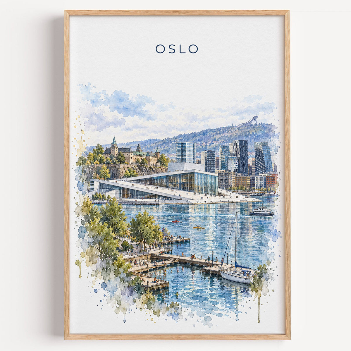 Oslo watercolor print in a light oak frame on a plain white wall