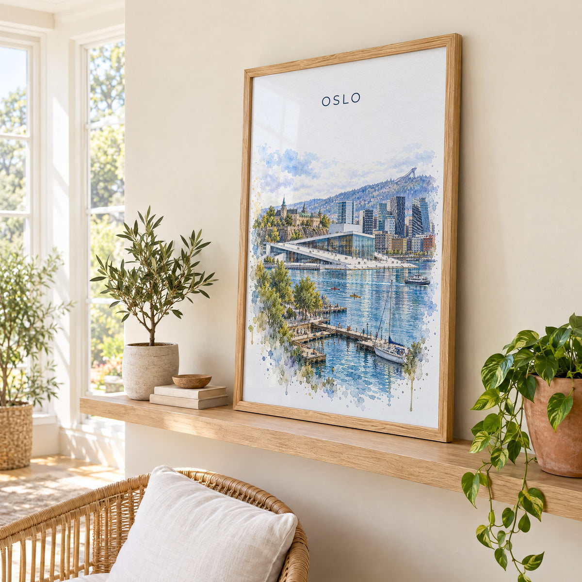 Oslo watercolor print in an oak frame on a picture ledge in a sunlit sunroom