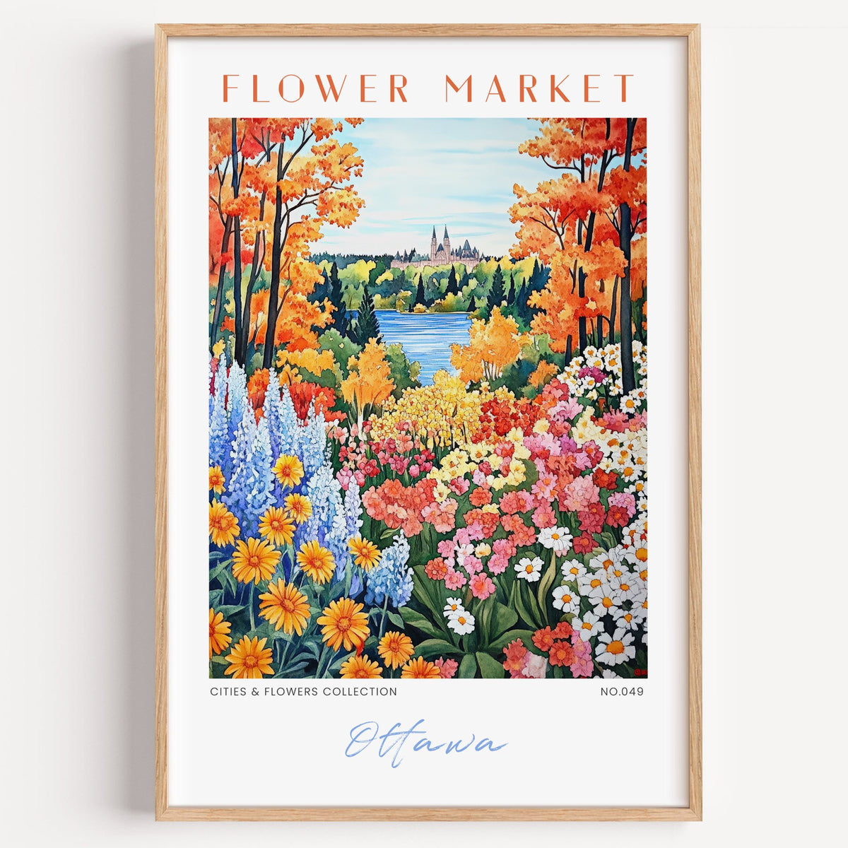 Ottawa flower market print in a light oak frame on a plain white wall