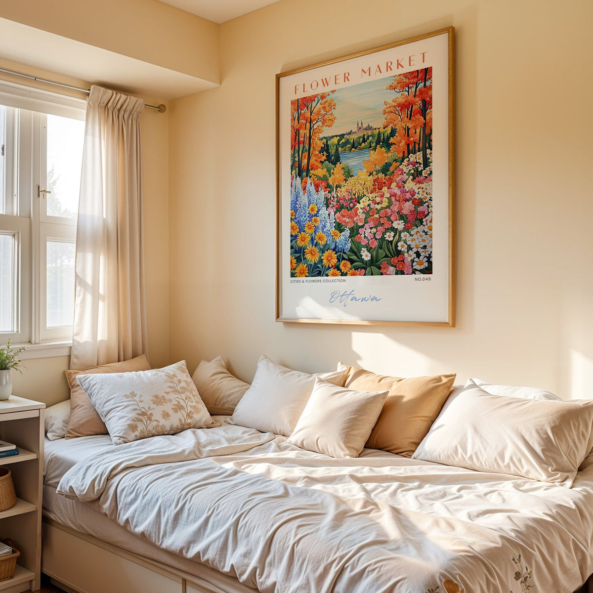 Ottawa flower market print in an oak frame above a cream daybed in a sunny bedroom